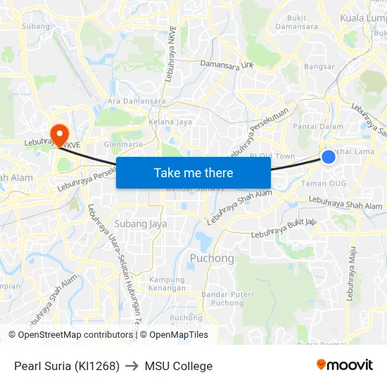 Pearl Suria (Kl1268) to MSU College map