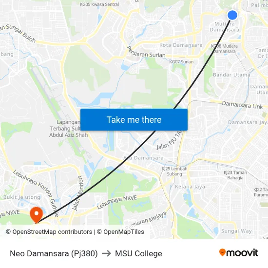 Neo Damansara (Pj380) to MSU College map
