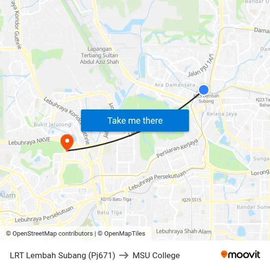 LRT Lembah Subang (Pj671) to MSU College map