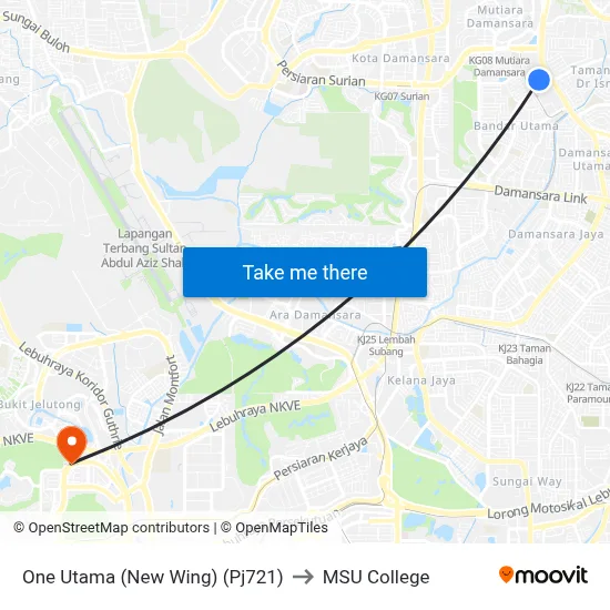 One Utama (New Wing) (Pj721) to MSU College map