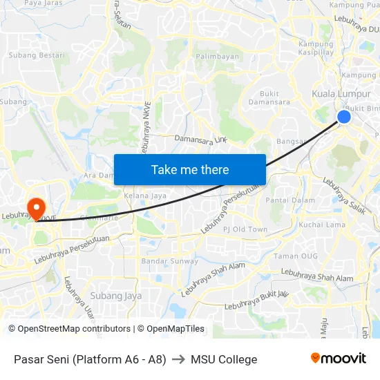 Pasar Seni (Platform A6 - A8) to MSU College map
