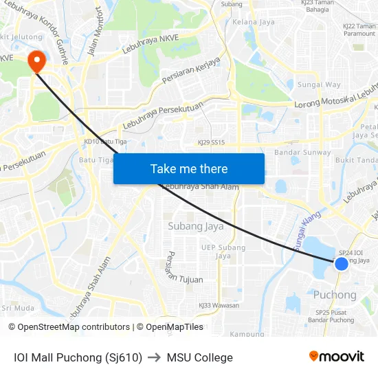 IOI Mall Puchong (Sj610) to MSU College map