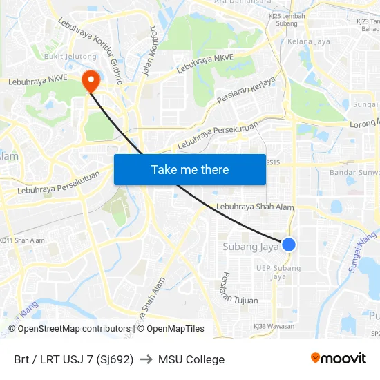 Brt / LRT USJ 7 (Sj692) to MSU College map