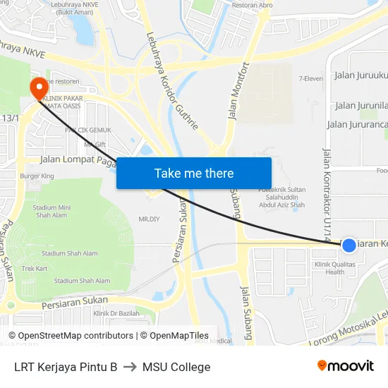 LRT Kerjaya Pintu B to MSU College map