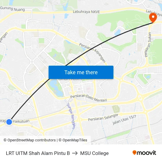 LRT UITM Shah Alam Pintu B to MSU College map