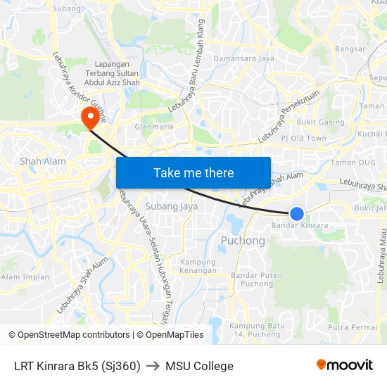 LRT Kinrara Bk5 (Sj360) to MSU College map