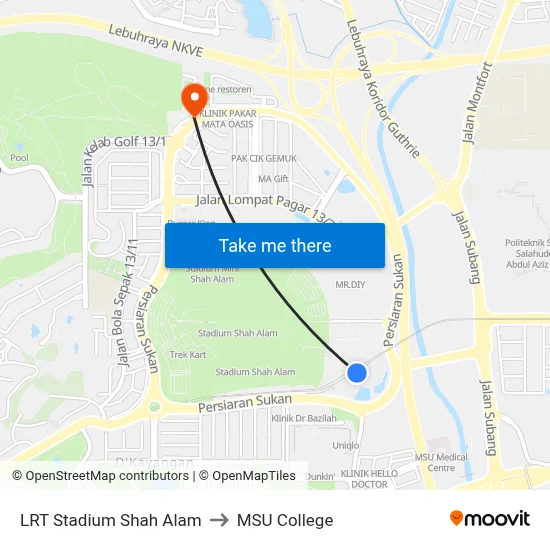 LRT Stadium Shah Alam to MSU College map