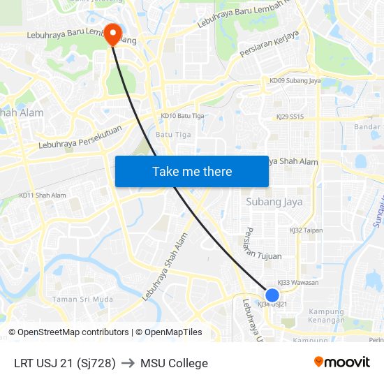 LRT USJ 21 (Sj728) to MSU College map