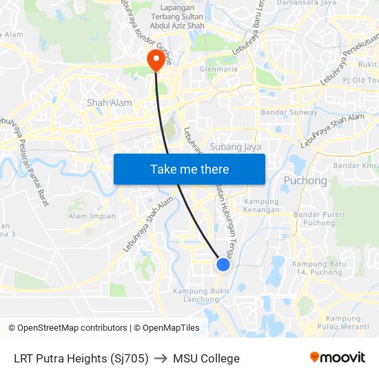LRT Putra Heights (Sj705) to MSU College map