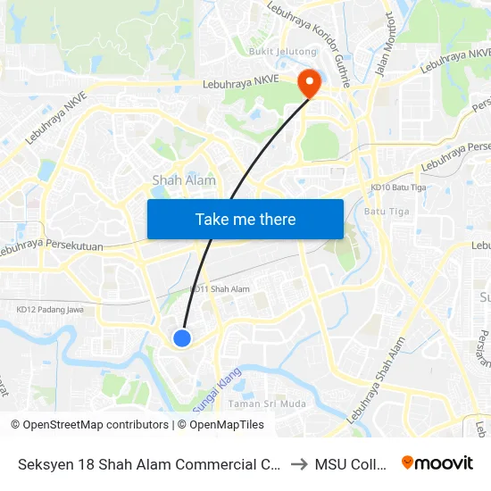 Seksyen 18 Shah Alam Commercial Centre to MSU College map