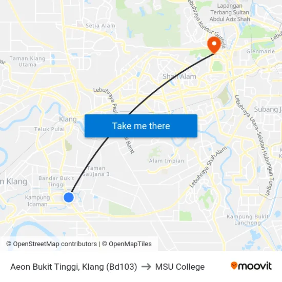 Aeon Bukit Tinggi, Klang (Bd103) to MSU College map