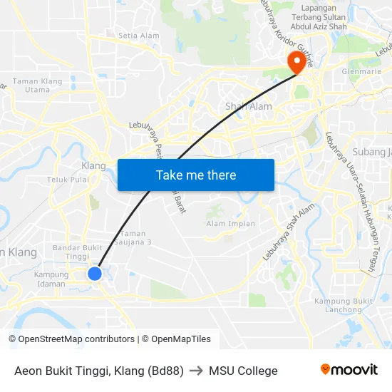 Aeon Bukit Tinggi, Klang (Bd88) to MSU College map
