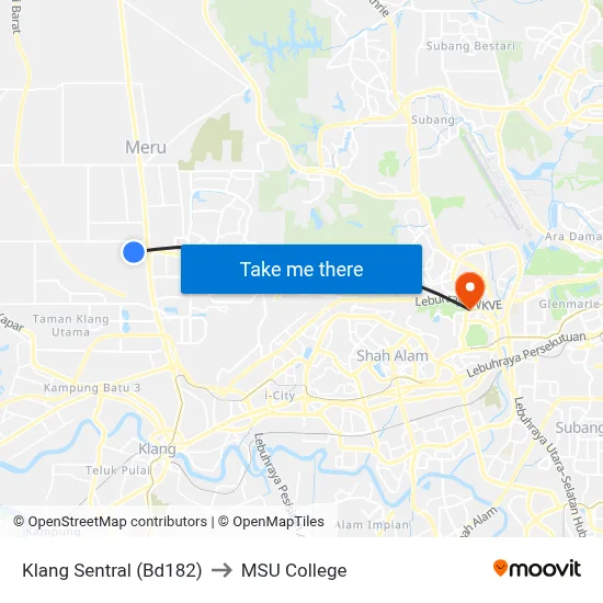 Klang Sentral (Bd182) to MSU College map