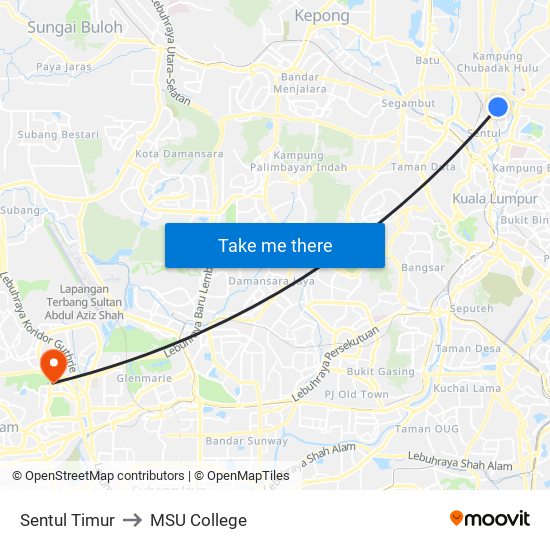Sentul Timur to MSU College map