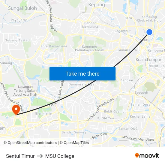 Sentul Timur to MSU College map