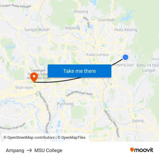 Ampang to MSU College map