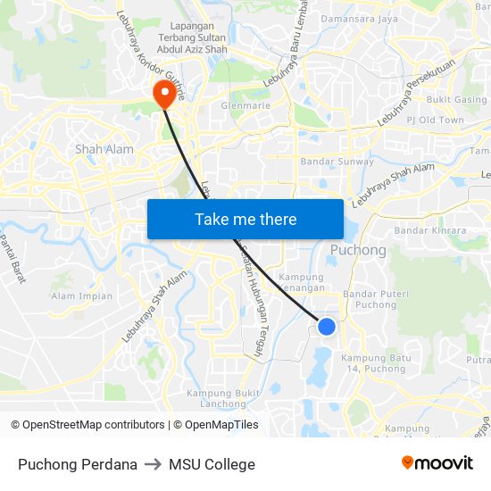 Puchong Perdana to MSU College map
