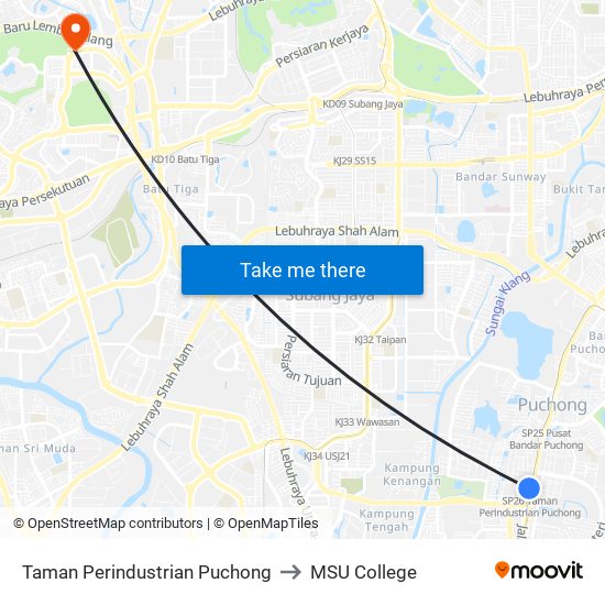 Taman Perindustrian Puchong to MSU College map