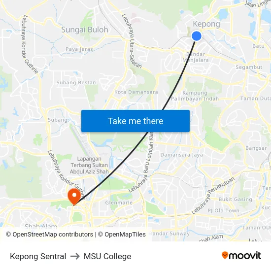 Kepong Sentral to MSU College map