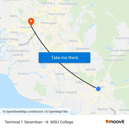 Terminal 1 Seremban to MSU College map