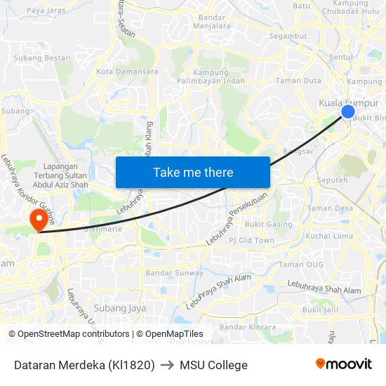 Dataran Merdeka (Kl1820) to MSU College map