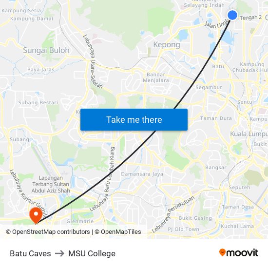 Batu Caves to MSU College map