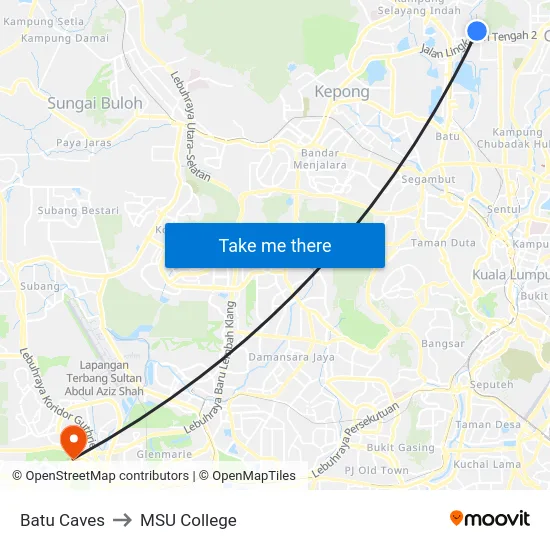 Batu Caves to MSU College map