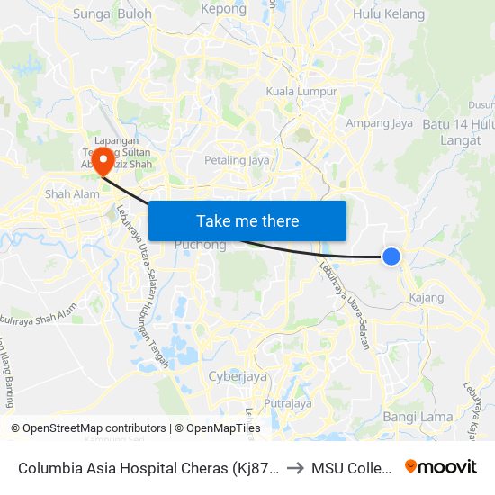 Columbia Asia Hospital Cheras (Kj870) to MSU College map