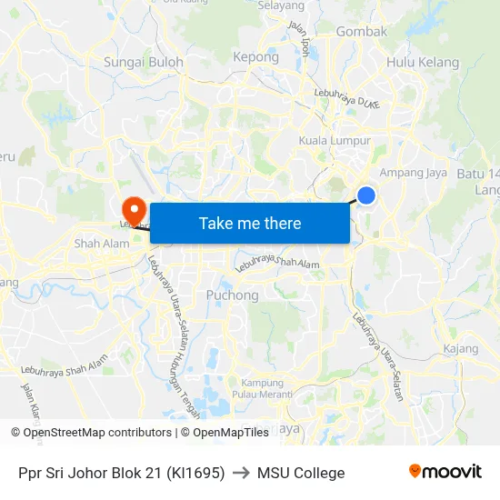 Ppr Sri Johor Blok 21 (Kl1695) to MSU College map