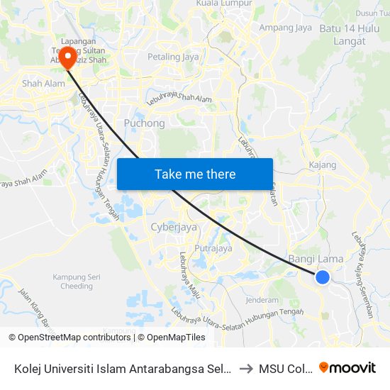 Kolej Universiti Islam Antarabangsa Selangor (Kuis) to MSU College map