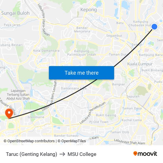 Taruc (Genting Kelang) to MSU College map