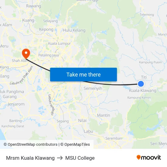 Mrsm Kuala Klawang to MSU College map