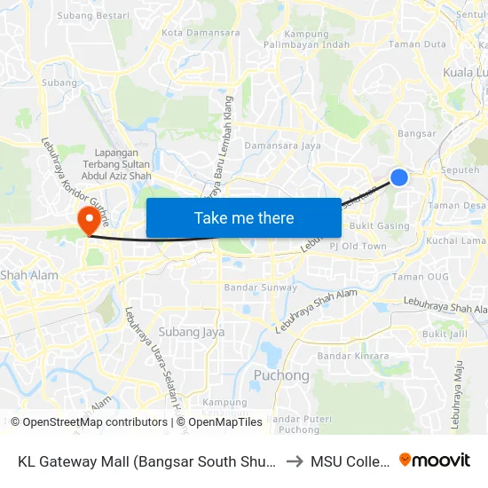 KL Gateway Mall (Bangsar South Shuttle) to MSU College map
