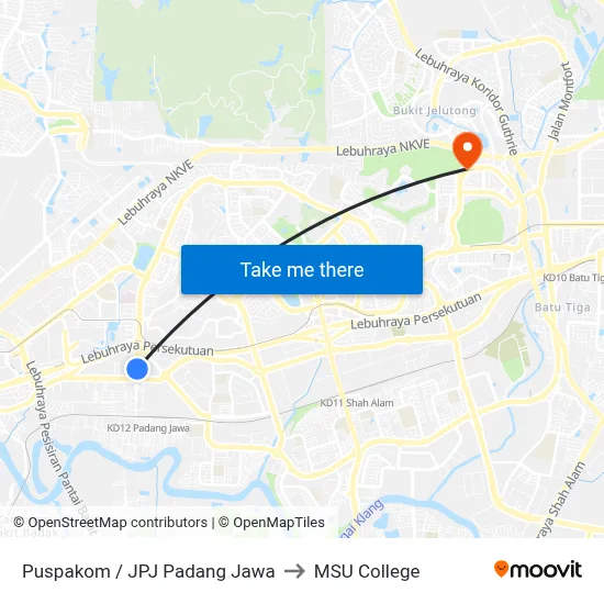 Puspakom / JPJ Padang Jawa to MSU College map