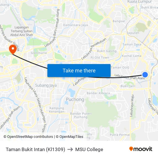 Taman Bukit Intan (Kl1309) to MSU College map
