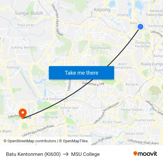 Batu Kentonmen (Kl600) to MSU College map