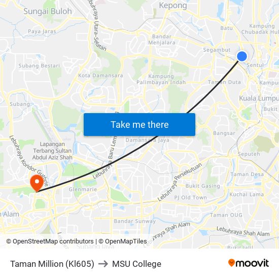 Taman Million (Kl605) to MSU College map