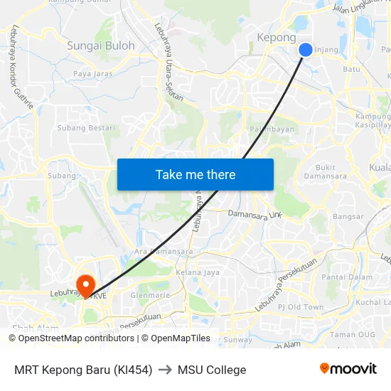 MRT Kepong Baru (Kl454) to MSU College map
