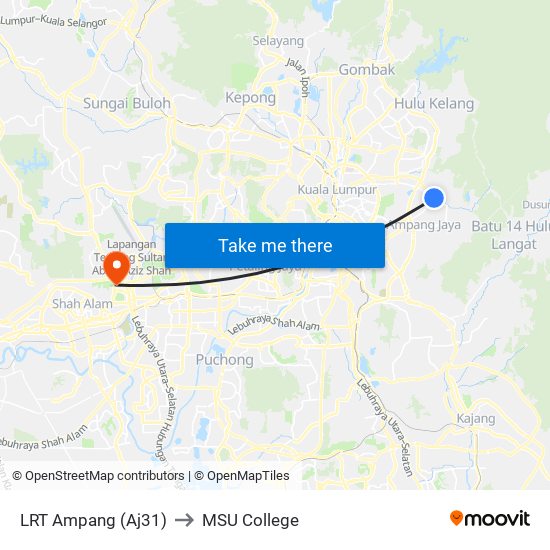LRT Ampang (Aj31) to MSU College map