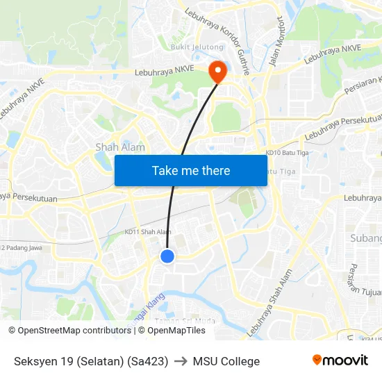 Seksyen 19 (Selatan) (Sa423) to MSU College map