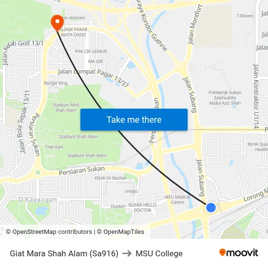 Giat Mara Shah Alam (Sa916) to MSU College map