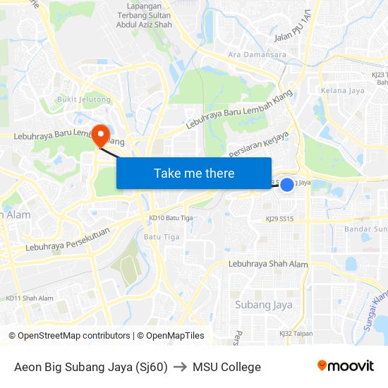 Aeon Big Subang Jaya (Sj60) to MSU College map