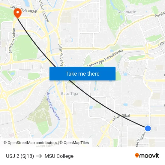 USJ 2 (Sj18) to MSU College map