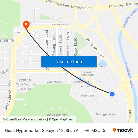 Giant Hypermarket Seksyen 13, Shah Alam (Sa947) to MSU College map