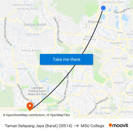 Taman Selayang Jaya (Barat) (Sl514) to MSU College map