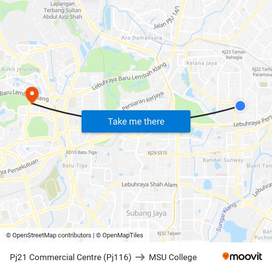 Pj21 Commercial Centre (Pj116) to MSU College map