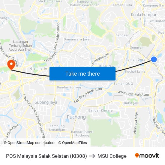 POS Malaysia Salak Selatan (Kl308) to MSU College map