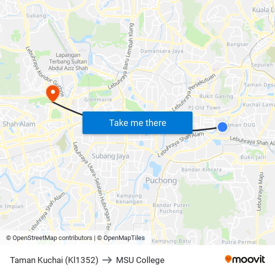 Taman Kuchai (Kl1352) to MSU College map