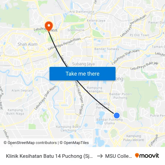 Klinik Kesihatan Batu 14 Puchong (Sj492) to MSU College map