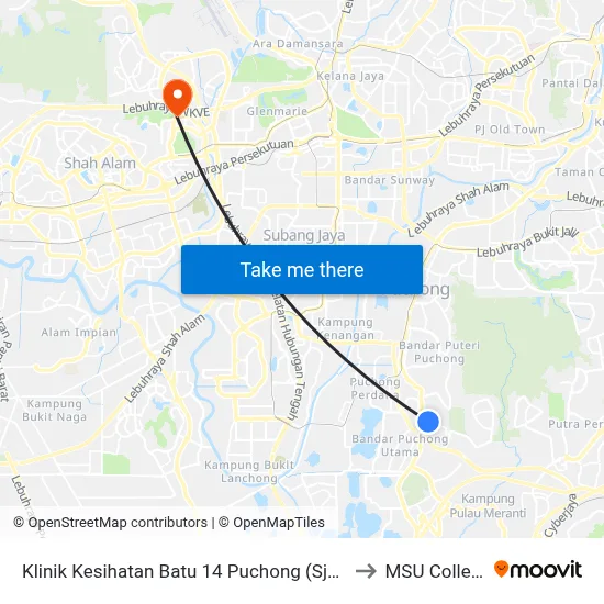 Klinik Kesihatan Batu 14 Puchong (Sj491) to MSU College map